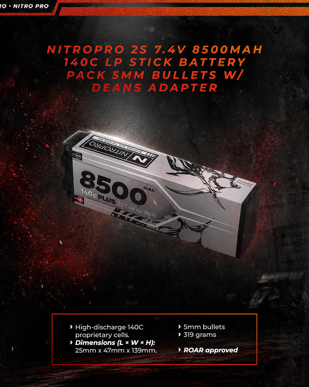NitroPro 8500mAh 2S 140C LP stick battery specifications