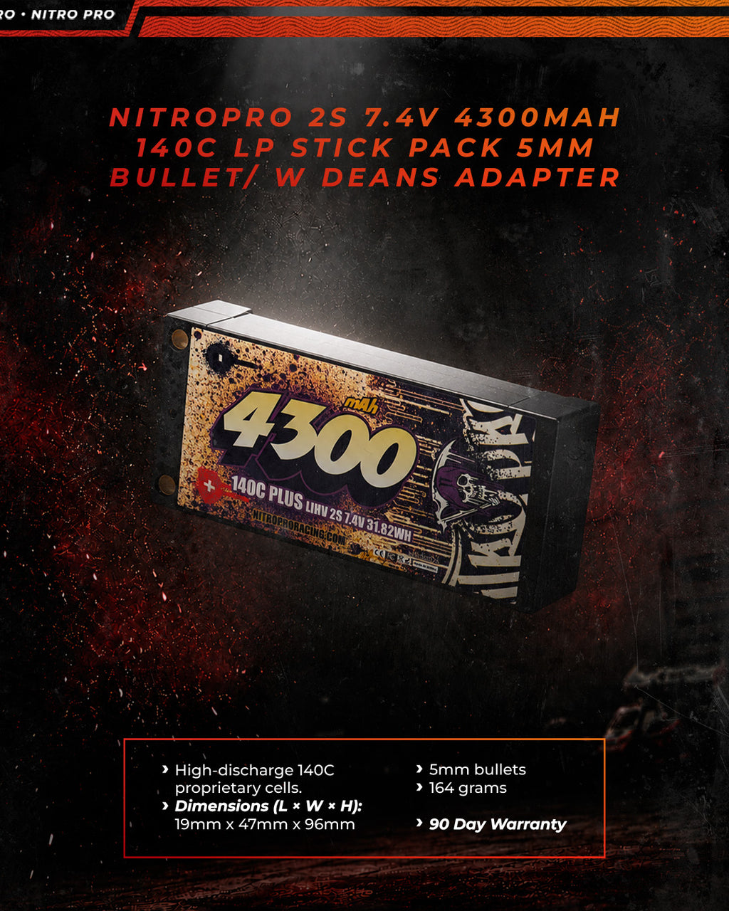 NitroPro 4300mAh 2S 140C LP stick battery specifications