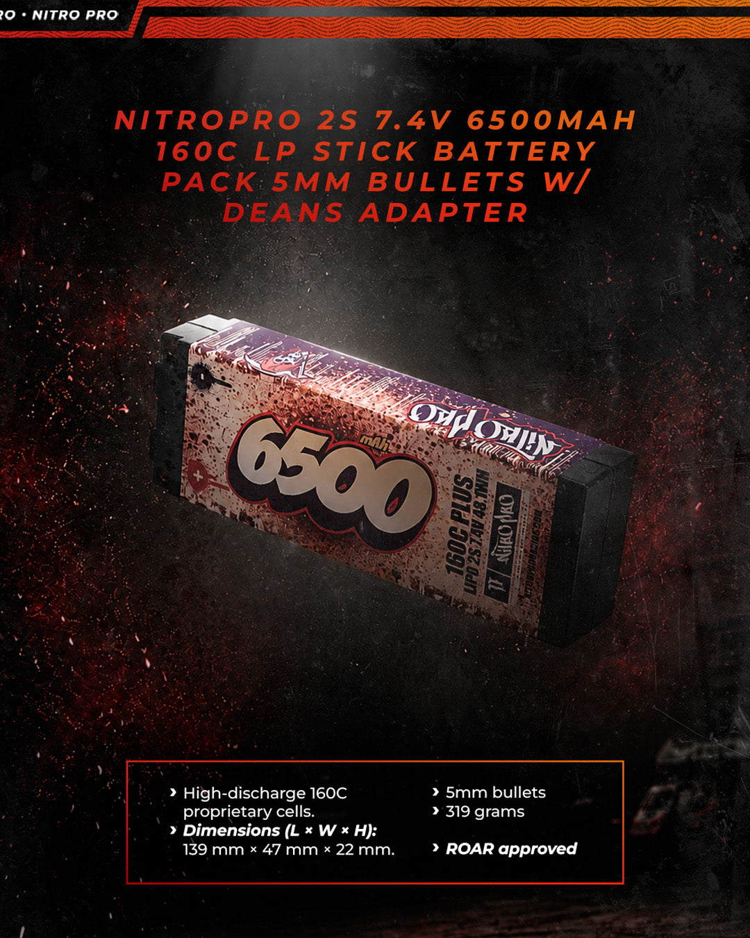 NitroPro 6500mAh 2S 160C LP stick battery specifications